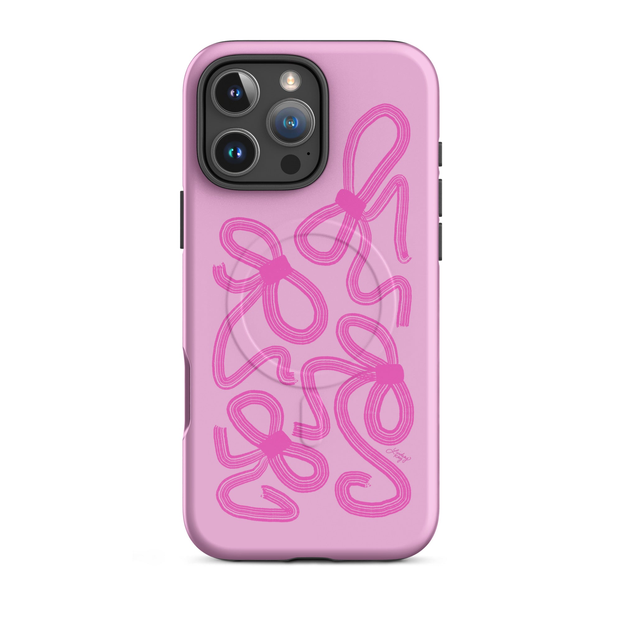 iPhone case featuring a hand-illustrated abstract pink ribbon pattern on a matte finish; MagSafe-compatible with a tough dual-layer design, styled for a preppy, girly aesthetic.